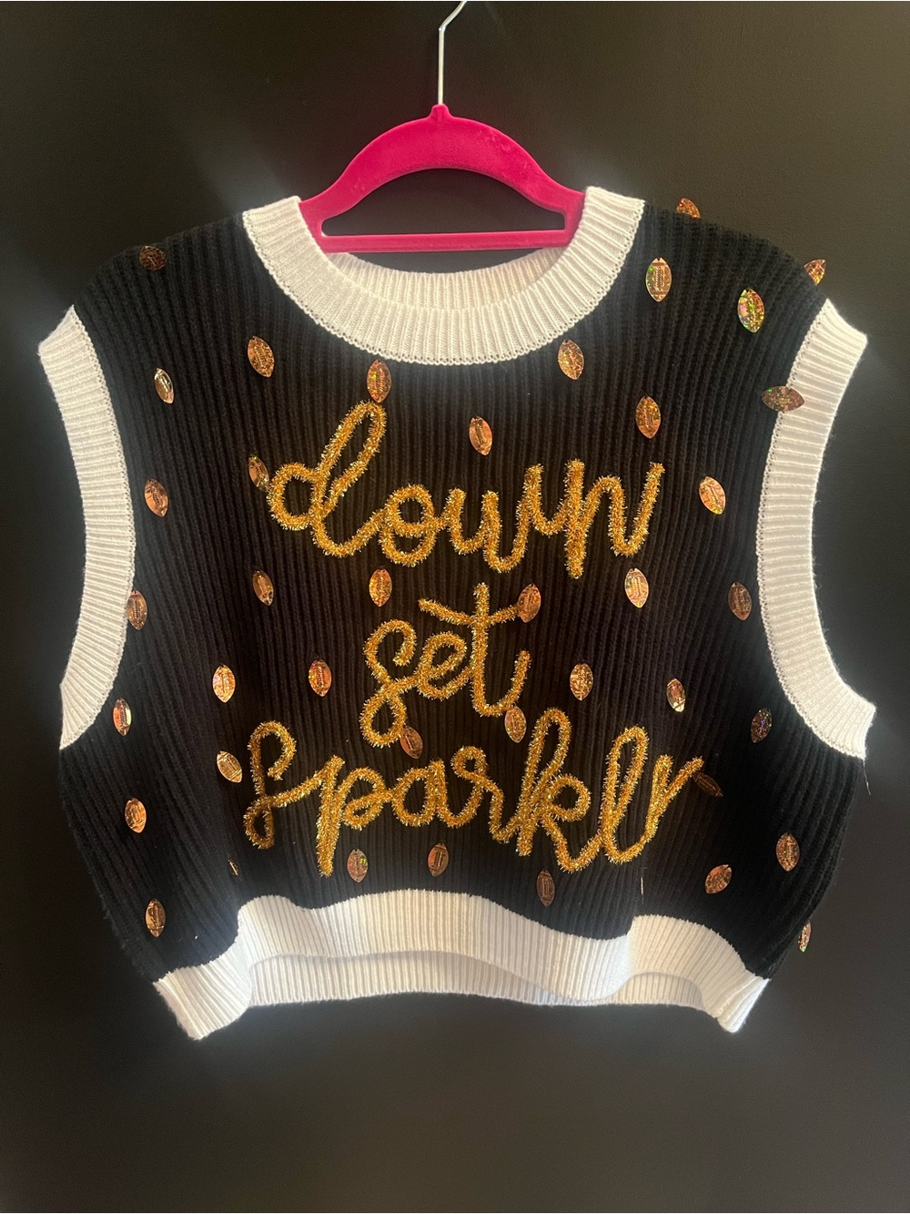 QUEEN OF SPARKLES Black Knit Sleeveless Sweater with Gold Sequin Script